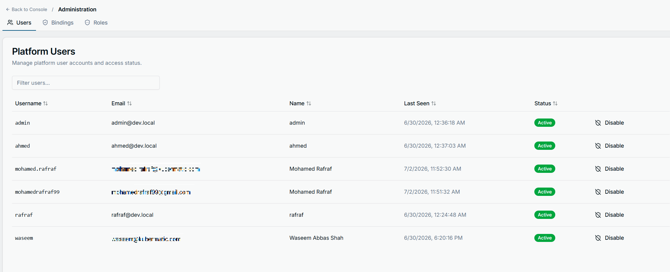 Platform Users list in the Administration panel