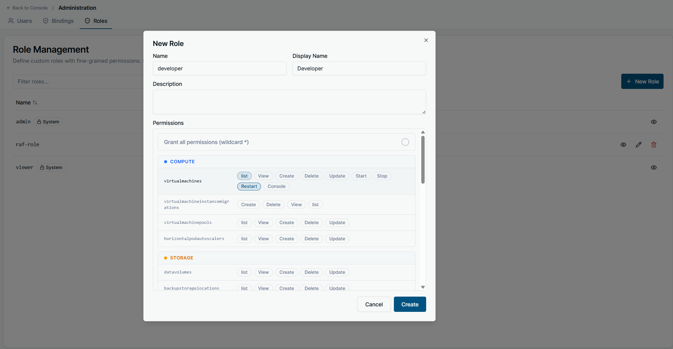 New Role dialog with the permission editor